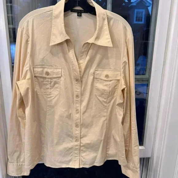Lafayette 148 Button Down Shirt Womens Size 16 Ivory Cotton Top Collared Pockets - Picture 7 of 7